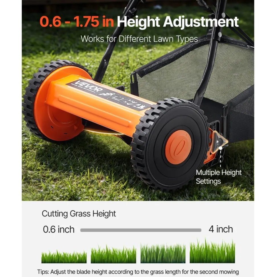 VEVOR Push Reel Lawn Mower 14 inch, 5 Blades Manual Push Mower No Motor, 0.6-1.75 in Adjustable Cutting Height, Walk-Behind Lawn Mowers with Grass Catcher Bag for Green Lawns, Driveways, Courtyards