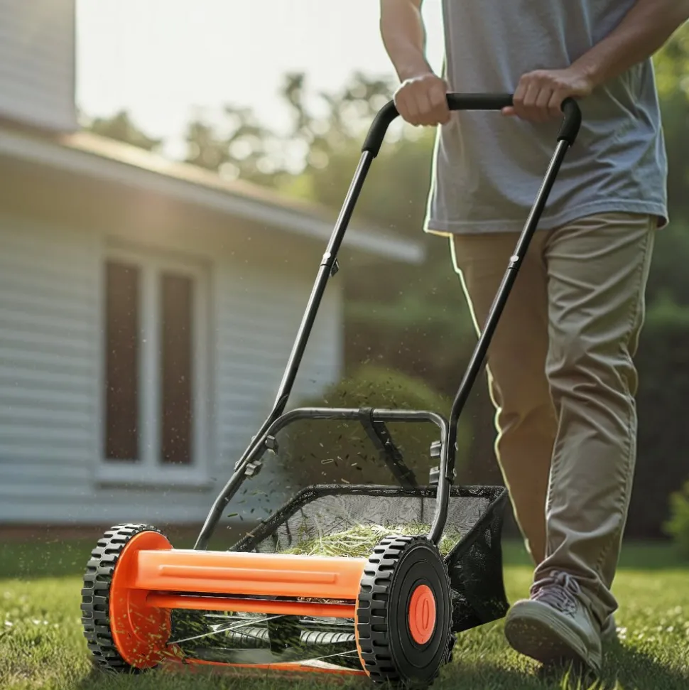 VEVOR Push Reel Lawn Mower 14 inch, 5 Blades Manual Push Mower No Motor, 0.6-1.75 in Adjustable Cutting Height, Walk-Behind Lawn Mowers with Grass Catcher Bag for Green Lawns, Driveways, Courtyards