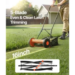VEVOR Push Reel Lawn Mower 14 inch, 5 Blades Manual Push Mower No Motor, 0.6-1.75 in Adjustable Cutting Height, Walk-Behind Lawn Mowers with Grass Catcher Bag for Green Lawns, Driveways, Courtyards