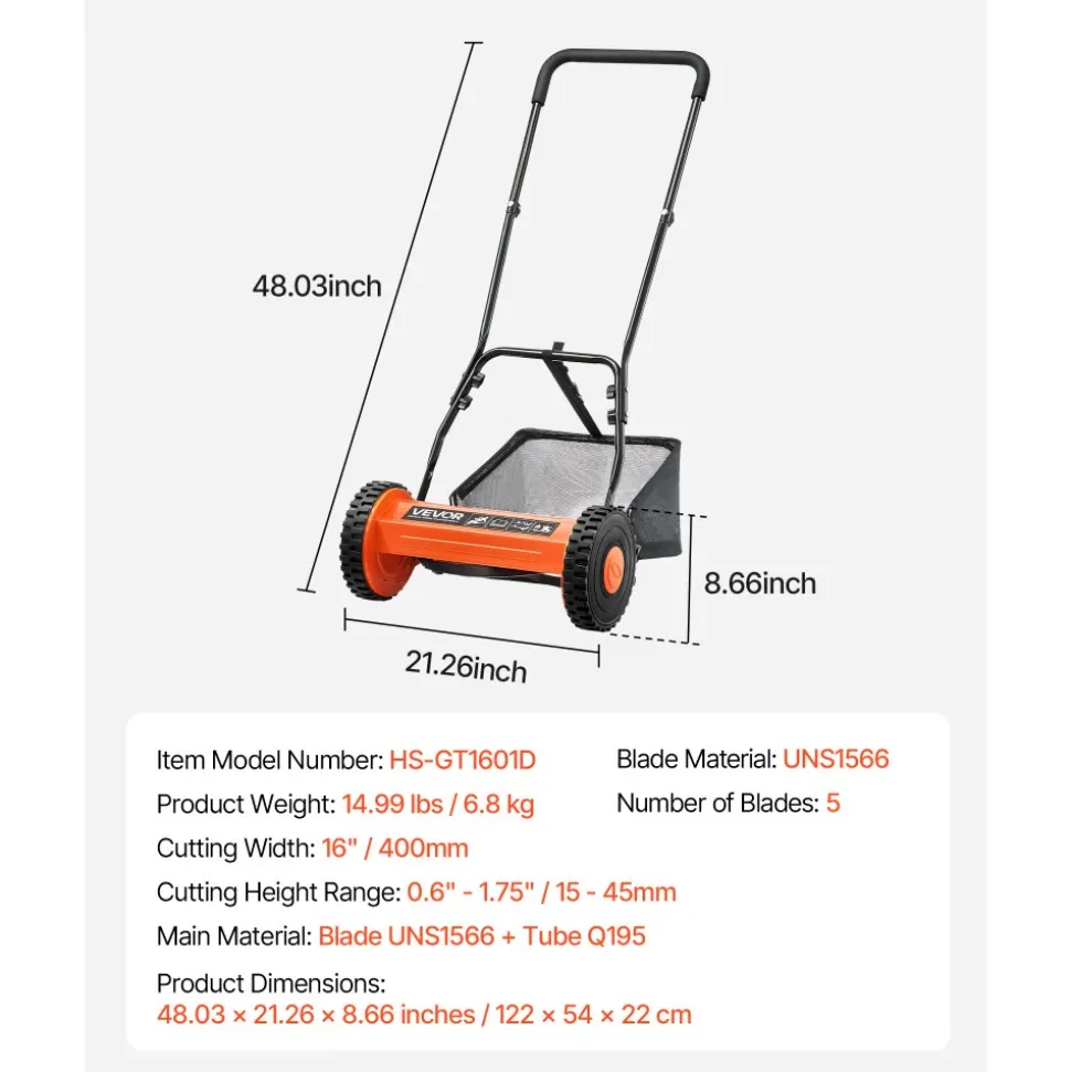 VEVOR Push Reel Lawn Mower 14 inch, 5 Blades Manual Push Mower No Motor, 0.6-1.75 in Adjustable Cutting Height, Walk-Behind Lawn Mowers with Grass Catcher Bag for Green Lawns, Driveways, Courtyards