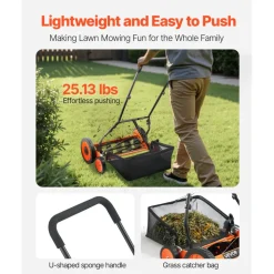 VEVOR Push Reel Lawn Mower 18 inch, 5 Blades Manual Push Mower No Motor, 1.37-2.44 in Adjustable Cutting Height, Walk-Behind Lawn Mowers with Grass Catcher Bag for Green Lawns, Driveways, Courtyards