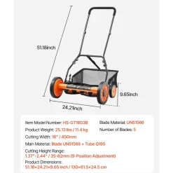 VEVOR Push Reel Lawn Mower 18 inch, 5 Blades Manual Push Mower No Motor, 1.37-2.44 in Adjustable Cutting Height, Walk-Behind Lawn Mowers with Grass Catcher Bag for Green Lawns, Driveways, Courtyards