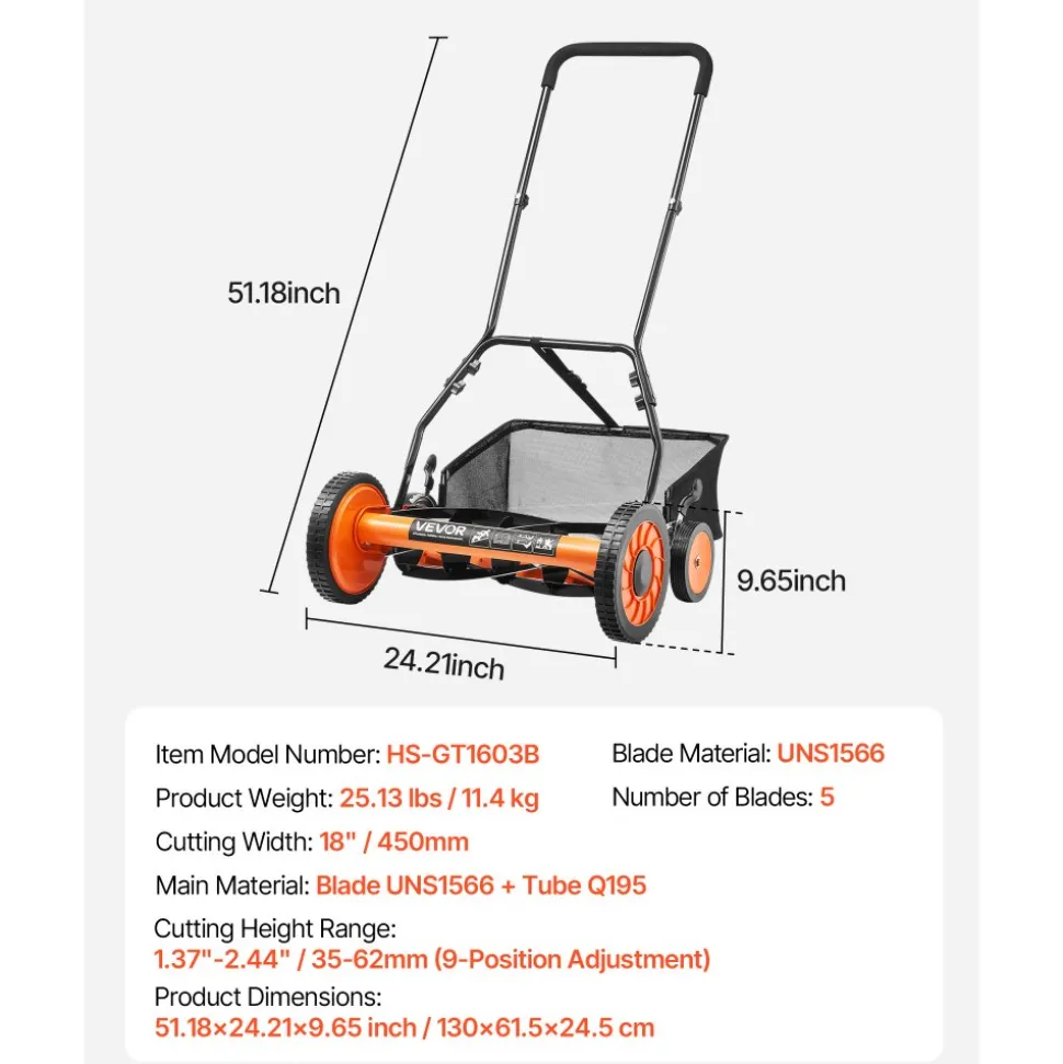 VEVOR Push Reel Lawn Mower 18 inch, 5 Blades Manual Push Mower No Motor, 1.37-2.44 in Adjustable Cutting Height, Walk-Behind Lawn Mowers with Grass Catcher Bag for Green Lawns, Driveways, Courtyards
