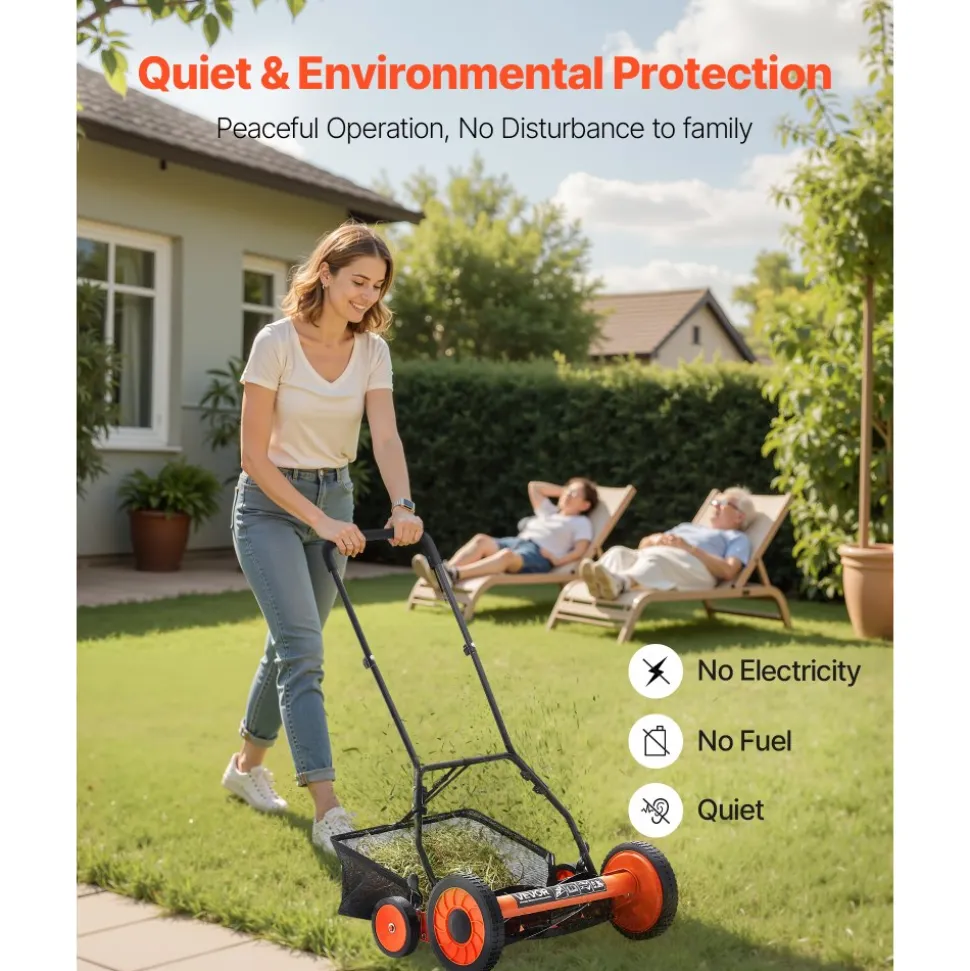 VEVOR Push Reel Lawn Mower 18 inch, 5 Blades Manual Push Mower No Motor, 1.37-2.44 in Adjustable Cutting Height, Walk-Behind Lawn Mowers with Grass Catcher Bag for Green Lawns, Driveways, Courtyards