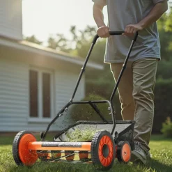VEVOR Push Reel Lawn Mower 18 inch, 5 Blades Manual Push Mower No Motor, 1.37-2.44 in Adjustable Cutting Height, Walk-Behind Lawn Mowers with Grass Catcher Bag for Green Lawns, Driveways, Courtyards