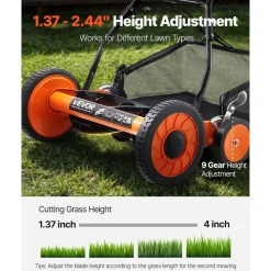 VEVOR Push Reel Lawn Mower 18 inch, 5 Blades Manual Push Mower No Motor, 1.37-2.44 in Adjustable Cutting Height, Walk-Behind Lawn Mowers with Grass Catcher Bag for Green Lawns, Driveways, Courtyards