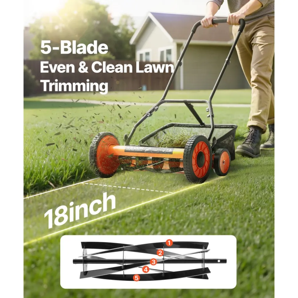 VEVOR Push Reel Lawn Mower 18 inch, 5 Blades Manual Push Mower No Motor, 1.37-2.44 in Adjustable Cutting Height, Walk-Behind Lawn Mowers with Grass Catcher Bag for Green Lawns, Driveways, Courtyards