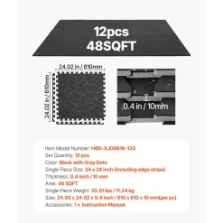 VEVOR Puzzle Exercise Mat, 12 PCS Fitness Equipment Mats, 24 x 24 x 0.4 in, High-Density EVA Foam Mats Set, Interlocking Rubber Soft Tiles, Protective Floor Padding with Gray Dots for Home Gym Office