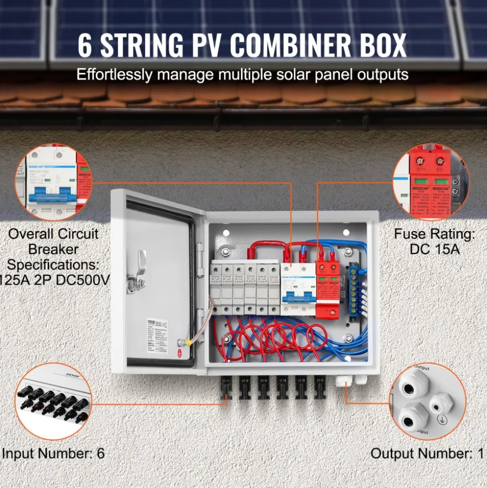 VEVOR PV Combiner Box, 6 String, Solar Combiner Box with 15A Rated Current Fuse 125A Circuit Breaker Lightning Arrester and Solar Connector, Steel Case for On / Off Grid Solar Panel System, IP65