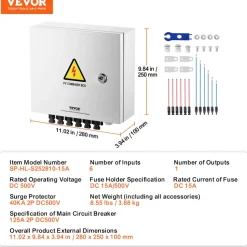 VEVOR PV Combiner Box, 6 String, Solar Combiner Box with 15A Rated Current Fuse 125A Circuit Breaker Lightning Arrester and Solar Connector, Steel Case for On / Off Grid Solar Panel System, IP65