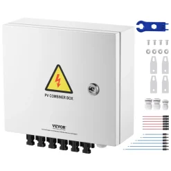 VEVOR PV Combiner Box, 6 String, Solar Combiner Box with 15A Rated Current Fuse 125A Circuit Breaker Lightning Arrester and Solar Connector, Steel Case for On / Off Grid Solar Panel System, IP65
