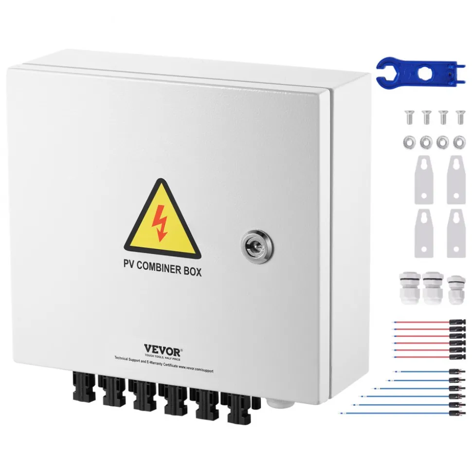 VEVOR PV Combiner Box, 6 String, Solar Combiner Box with 15A Rated Current Fuse 125A Circuit Breaker Lightning Arrester and Solar Connector, Steel Case for On / Off Grid Solar Panel System, IP65
