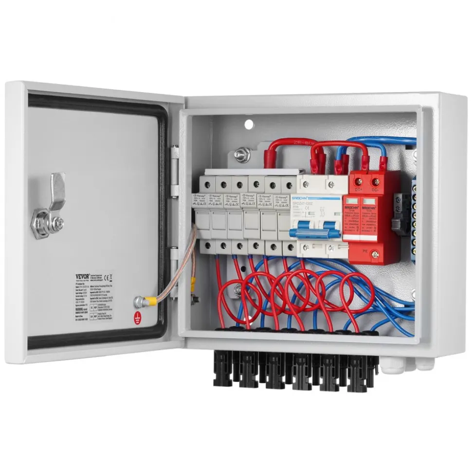 VEVOR PV Combiner Box, 6 String, Solar Combiner Box with 15A Rated Current Fuse 125A Circuit Breaker Lightning Arrester and Solar Connector, Steel Case for On / Off Grid Solar Panel System, IP65