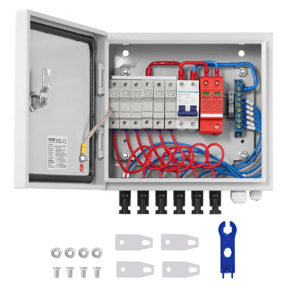 VEVOR PV Combiner Box, 6 String, Solar Combiner Box with 15A Rated Current Fuse 125A Circuit Breaker Lightning Arrester and Solar Connector, Steel Case for On / Off Grid Solar Panel System, IP65