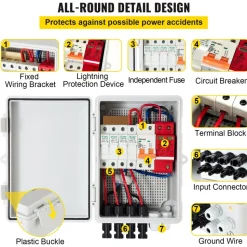 VEVOR PV Combiner Box, 4 String, Solar Combiner Box with 15A Rated Current Fuse 63A Circuit Breaker Lightning Arrester and Solar Connector, ABS Plastic Case for On / Off Grid Solar Panel System, IP65