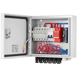 VEVOR PV Combiner Box, 4 String, Solar Combiner Box with 15A Rated Current Fuse 63A Circuit Breaker Lightning Arrester and Solar Connector, Steel Case for On / Off Grid Solar Panel System, IP65