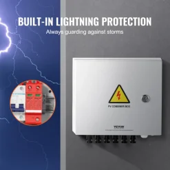 VEVOR PV Combiner Box, 4 String, Solar Combiner Box with 15A Rated Current Fuse 63A Circuit Breaker Lightning Arrester and Solar Connector, Steel Case for On / Off Grid Solar Panel System, IP65