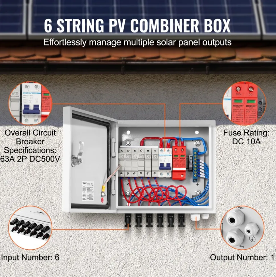 VEVOR PV Combiner Box, 4 String, Solar Combiner Box with 15A Rated Current Fuse 63A Circuit Breaker Lightning Arrester and Solar Connector, Steel Case for On / Off Grid Solar Panel System, IP65