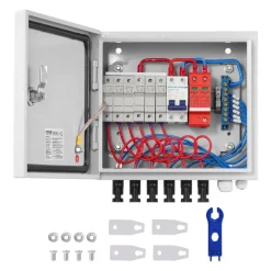 VEVOR PV Combiner Box, 4 String, Solar Combiner Box with 15A Rated Current Fuse 63A Circuit Breaker Lightning Arrester and Solar Connector, Steel Case for On / Off Grid Solar Panel System, IP65