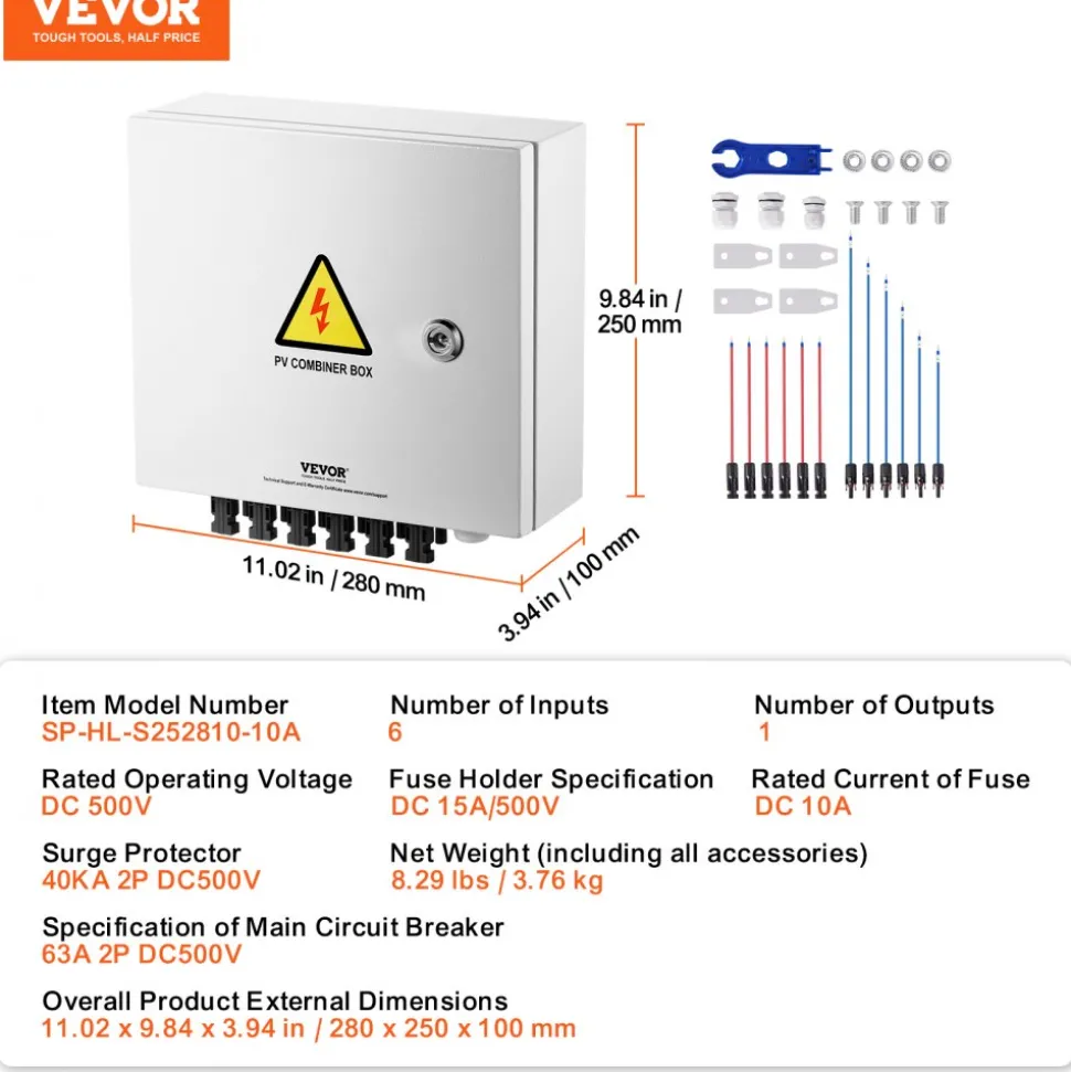 VEVOR PV Combiner Box, 4 String, Solar Combiner Box with 15A Rated Current Fuse 63A Circuit Breaker Lightning Arrester and Solar Connector, Steel Case for On / Off Grid Solar Panel System, IP65