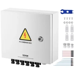 VEVOR PV Combiner Box, 4 String, Solar Combiner Box with 15A Rated Current Fuse 63A Circuit Breaker Lightning Arrester and Solar Connector, Steel Case for On / Off Grid Solar Panel System, IP65