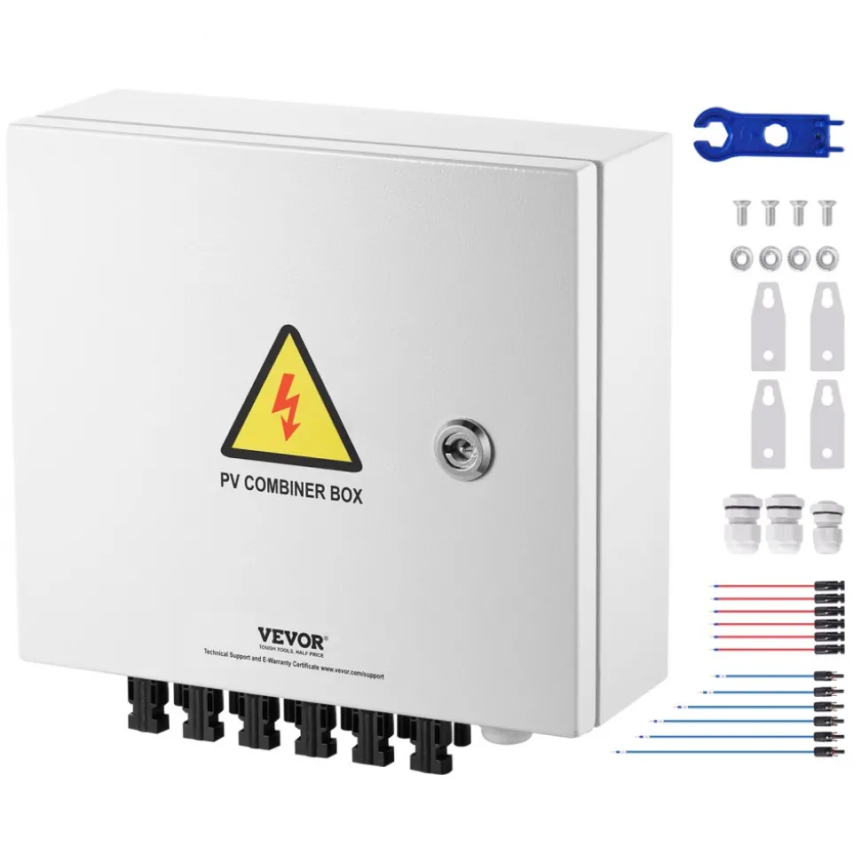 VEVOR PV Combiner Box, 4 String, Solar Combiner Box with 15A Rated Current Fuse 63A Circuit Breaker Lightning Arrester and Solar Connector, Steel Case for On / Off Grid Solar Panel System, IP65