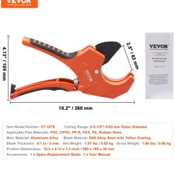 VEVOR PVC Pipe Cutter, 0-2-1/2" O.D. Ratcheting PVC Pipe Cutter, Heavy Duty Tube Cutting Tool with Spare SK5 Blade for PVC, CPVC, PP-R, PEX, PE, Rubber Hoses