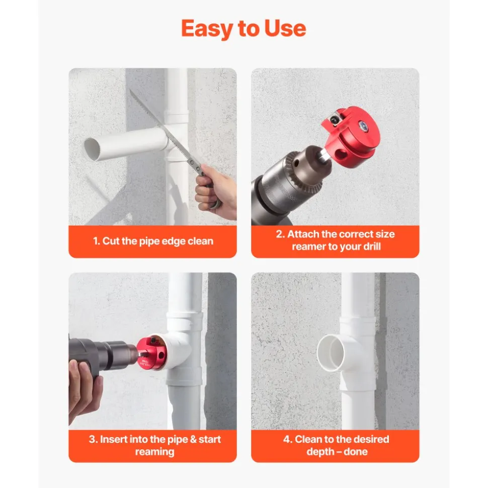 VEVOR PVC Pipe Reamer Kit, 9-Piece, PVC Fitting Socket Saver, Includes 1/2", 3/4", 1", 1-1/4", 1-1/2", 2", 2-1/2", 3", 4", Fits Standard 1/2" Drills, Plumbing Tool Kit for SCH40 ABS CPVC Drain Pipes