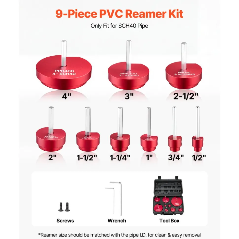 VEVOR PVC Pipe Reamer Kit, 9-Piece, PVC Fitting Socket Saver, Includes 1/2", 3/4", 1", 1-1/4", 1-1/2", 2", 2-1/2", 3", 4", Fits Standard 1/2" Drills, Plumbing Tool Kit for SCH40 ABS CPVC Drain Pipes
