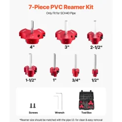 VEVOR PVC Pipe Reamer Kit, 7-Piece, 3 Blades PVC Fitting Socket Saver, Includes 1/2", 3/4", 1", 1-1/2", 2", 3", 4", Fits Standard 1/2" Drills, Plumbing Tool Kit for SCH40 ABS CPVC Vent Drain Pipes
