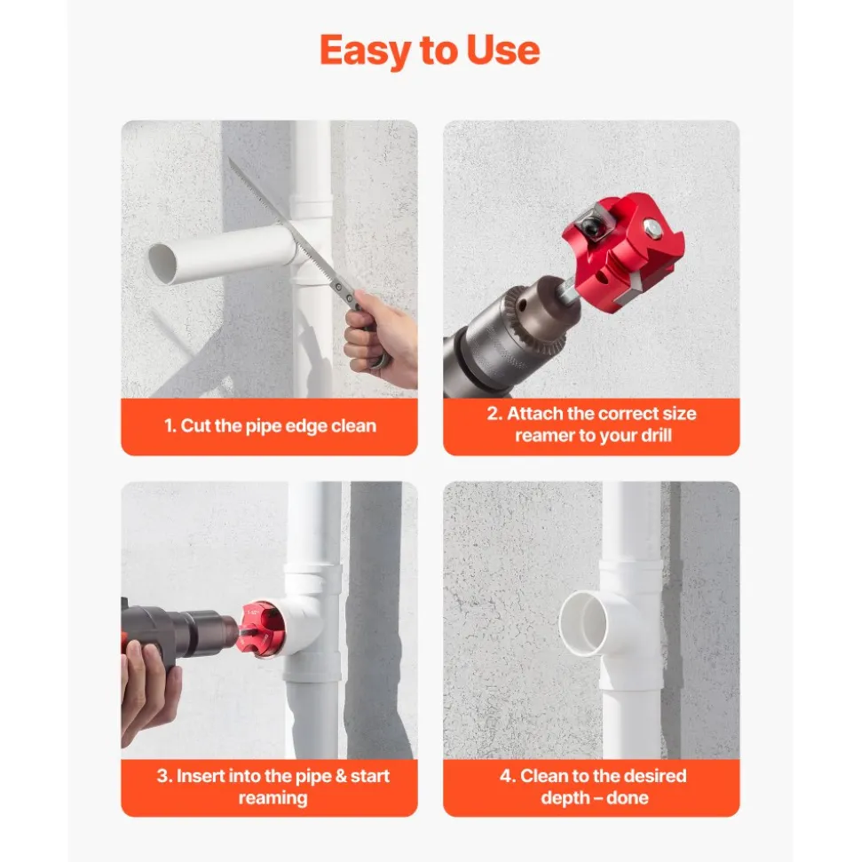 VEVOR PVC Pipe Reamer Kit, 7-Piece, 3 Blades PVC Fitting Socket Saver, Includes 1/2", 3/4", 1", 1-1/2", 2", 3", 4", Fits Standard 1/2" Drills, Plumbing Tool Kit for SCH40 ABS CPVC Vent Drain Pipes