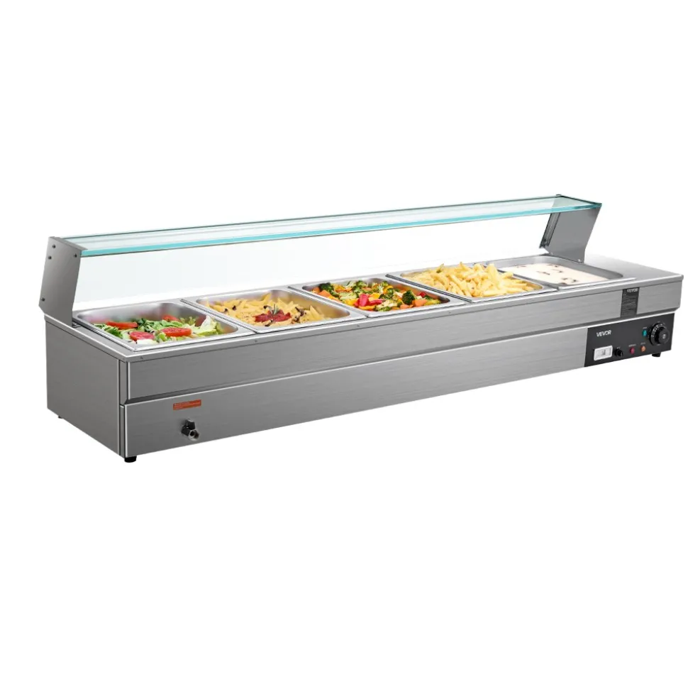 VEVOR 60QT Commercial Food Warmer, 5-Pan Electric Steam Table with Glass Cover, 1500W Countertop Stainless Steel Buffet Bain Marie with 86-185°F Temp Control for Catering, Buffet, Parties, Restaurants
