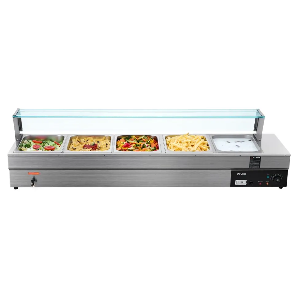 VEVOR 60QT Commercial Food Warmer, 5-Pan Electric Steam Table with Glass Cover, 1500W Countertop Stainless Steel Buffet Bain Marie with 86-185°F Temp Control for Catering, Buffet, Parties, Restaurants