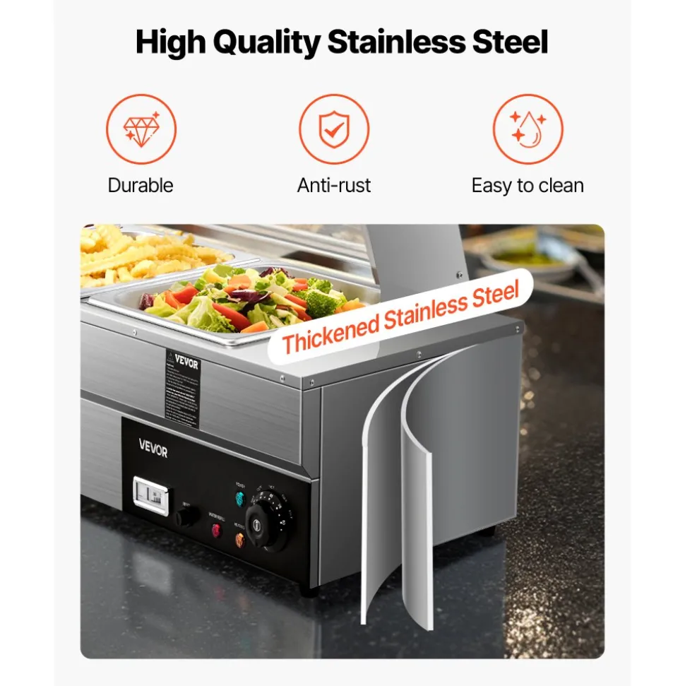 VEVOR 60QT Commercial Food Warmer, 5-Pan Electric Steam Table with Glass Cover, 1500W Countertop Stainless Steel Buffet Bain Marie with 86-185°F Temp Control for Catering, Buffet, Parties, Restaurants