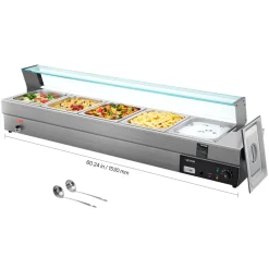VEVOR 60QT Commercial Food Warmer, 5-Pan Electric Steam Table with Glass Cover, 1500W Countertop Stainless Steel Buffet Bain Marie with 86-185°F Temp Control for Catering, Buffet, Parties, Restaurants