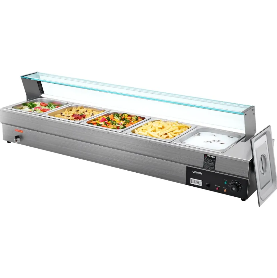 VEVOR 60QT Commercial Food Warmer, 5-Pan Electric Steam Table with Glass Cover, 1500W Countertop Stainless Steel Buffet Bain Marie with 86-185°F Temp Control for Catering, Buffet, Parties, Restaurants