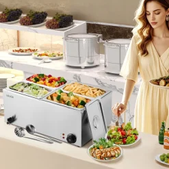 VEVOR 24QT Commercial Food Warmer, 4-Pan Electric Steam Table, 1200W Professional Countertop Stainless Steel Buffet Bain Marie with 86-185°F Temp Control for Catering, Buffet, Parties, Restaurants