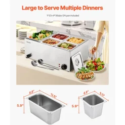 VEVOR 24QT Commercial Food Warmer, 5-Pan Electric Steam Table, 1200W Professional Countertop Stainless Steel Buffet Bain Marie with 86-185°F Temp Control for Catering, Buffet, Parties, Restaurants