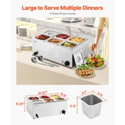 VEVOR 24QT Commercial Food Warmer, 6-Pan Electric Steam Table, 1200W Professional Countertop Stainless Steel Buffet Bain Marie with 86-185°F Temp Control for Catering, Buffet, Parties, Restaurants