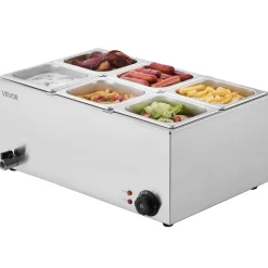 VEVOR 24QT Commercial Food Warmer, 6-Pan Electric Steam Table, 1200W Professional Countertop Stainless Steel Buffet Bain Marie with 86-185°F Temp Control for Catering, Buffet, Parties, Restaurants