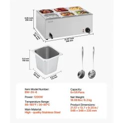 VEVOR 24QT Commercial Food Warmer, 6-Pan Electric Steam Table, 1200W Professional Countertop Stainless Steel Buffet Bain Marie with 86-185°F Temp Control for Catering, Buffet, Parties, Restaurants