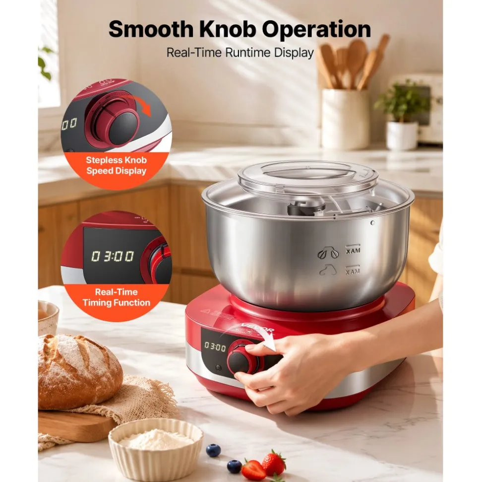 VEVOR 5.3 Qt Electric Dough Maker 500W Stand Mixer Removable Lid, Stepless Speed Adjustment Food Kitchen Mixer with Stainless Steel Bowl, Dough Hook, Whisk, Beater, for Pizza Bread Pasta Mochi