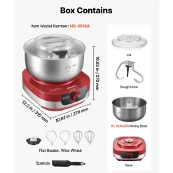 VEVOR 5.3 Qt Electric Dough Maker 500W Stand Mixer Removable Lid, Stepless Speed Adjustment Food Kitchen Mixer with Stainless Steel Bowl, Dough Hook, Whisk, Beater, for Pizza Bread Pasta Mochi