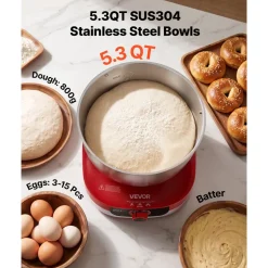 VEVOR 5.3 Qt Electric Dough Maker 500W Stand Mixer Removable Lid, Stepless Speed Adjustment Food Kitchen Mixer with Stainless Steel Bowl, Dough Hook, Whisk, Beater, for Pizza Bread Pasta Mochi