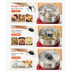 VEVOR 5.3 Qt Electric Dough Maker 500W Stand Mixer Removable Lid, Stepless Speed Adjustment Food Kitchen Mixer with Stainless Steel Bowl, Dough Hook, Whisk, Beater, for Pizza Bread Pasta Mochi