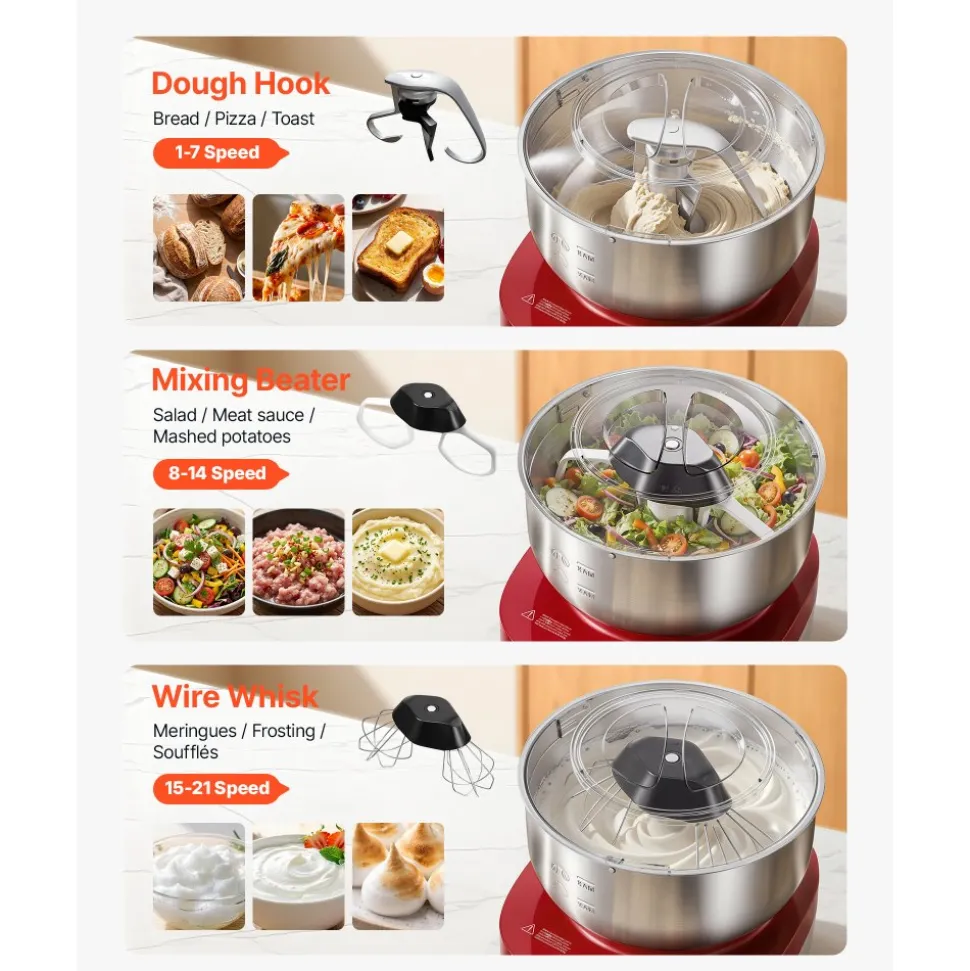 VEVOR 5.3 Qt Electric Dough Maker 500W Stand Mixer Removable Lid, Stepless Speed Adjustment Food Kitchen Mixer with Stainless Steel Bowl, Dough Hook, Whisk, Beater, for Pizza Bread Pasta Mochi