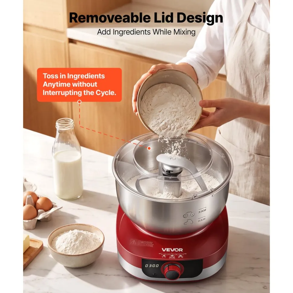 VEVOR 5.3 Qt Electric Dough Maker 500W Stand Mixer Removable Lid, Stepless Speed Adjustment Food Kitchen Mixer with Stainless Steel Bowl, Dough Hook, Whisk, Beater, for Pizza Bread Pasta Mochi