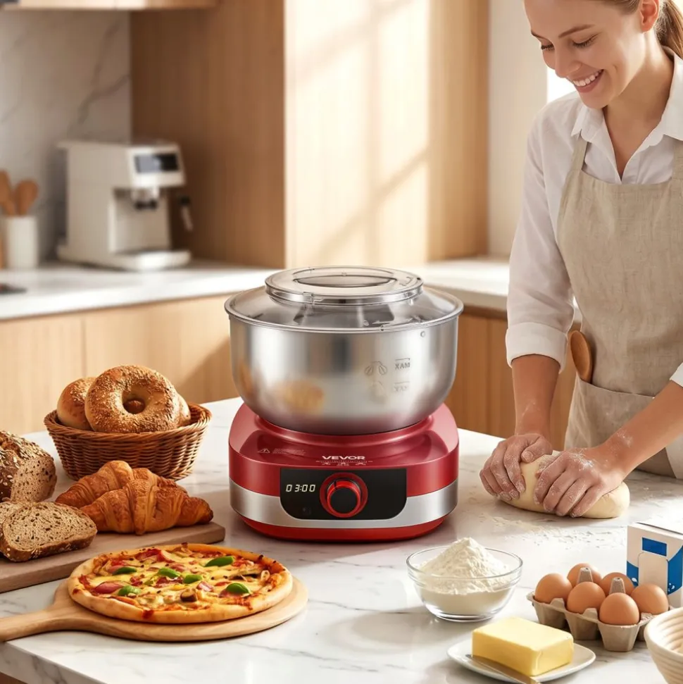 VEVOR 5.3 Qt Electric Dough Maker 500W Stand Mixer Removable Lid, Stepless Speed Adjustment Food Kitchen Mixer with Stainless Steel Bowl, Dough Hook, Whisk, Beater, for Pizza Bread Pasta Mochi