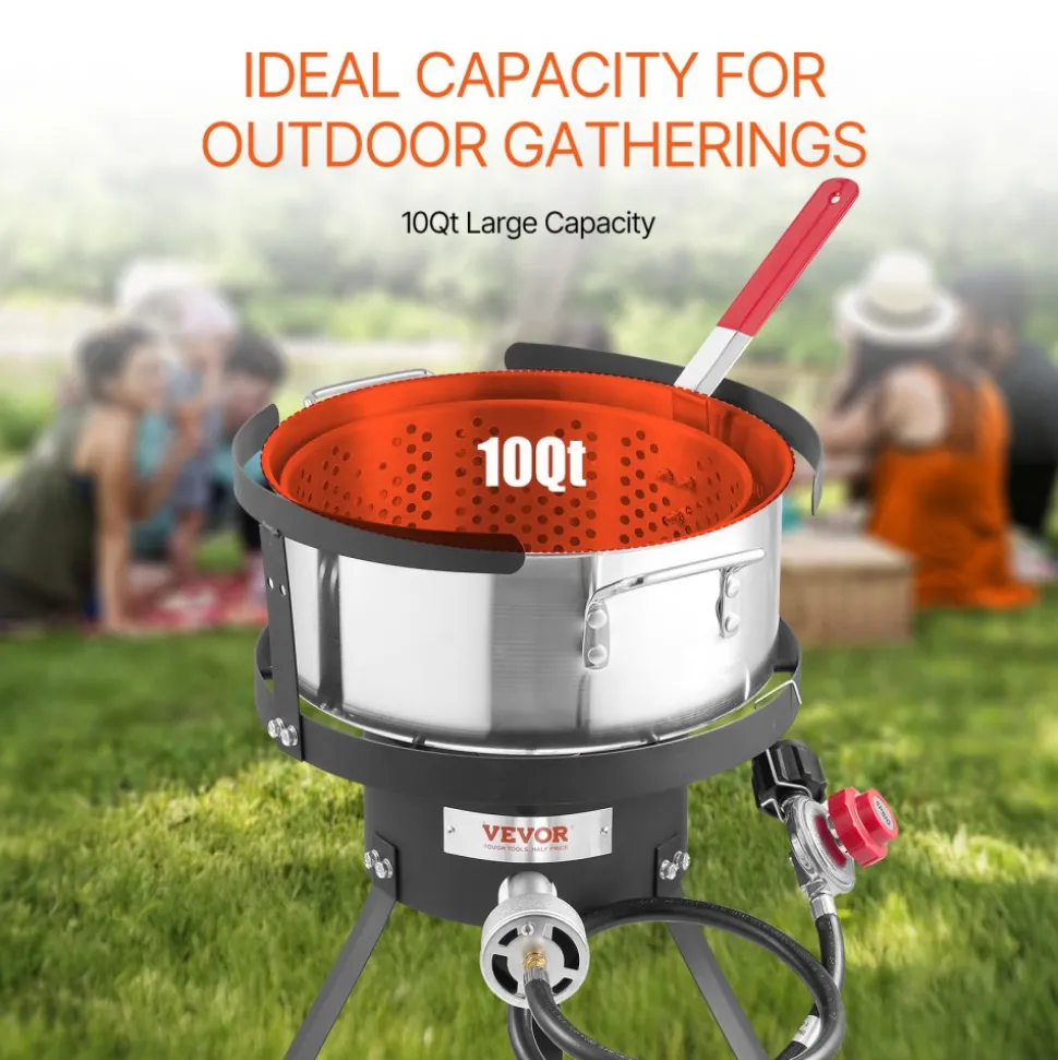 VEVOR 10 Qt Fish and Wing Fryer, Aluminum Propane Fish Fryer Kit, Outdoor Deep Fryer Seafood Pot with Thermometer, Strainer Basket, and 54,000 BTUs Propane Burners, for Outdoor and Backyard Cooking