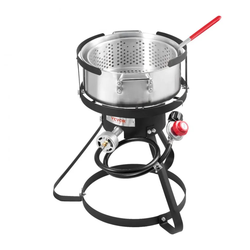 VEVOR 10 Qt Fish and Wing Fryer, Aluminum Propane Fish Fryer Kit, Outdoor Deep Fryer Seafood Pot with Thermometer, Strainer Basket, and 54,000 BTUs Propane Burners, for Outdoor and Backyard Cooking